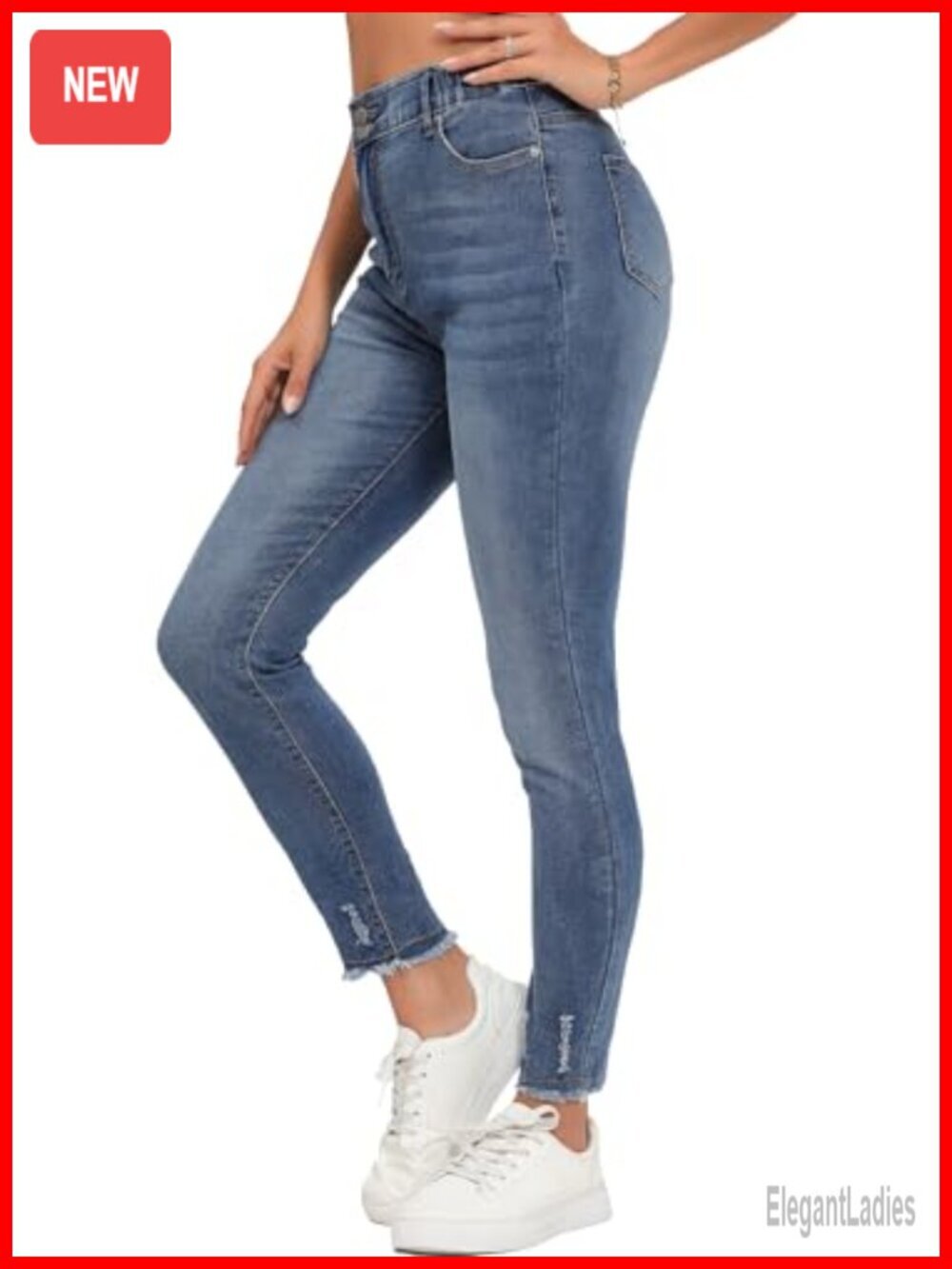 Mid-Rise Stretch Skinny Jeans Slim Fit Elastic Waist Denim Pants